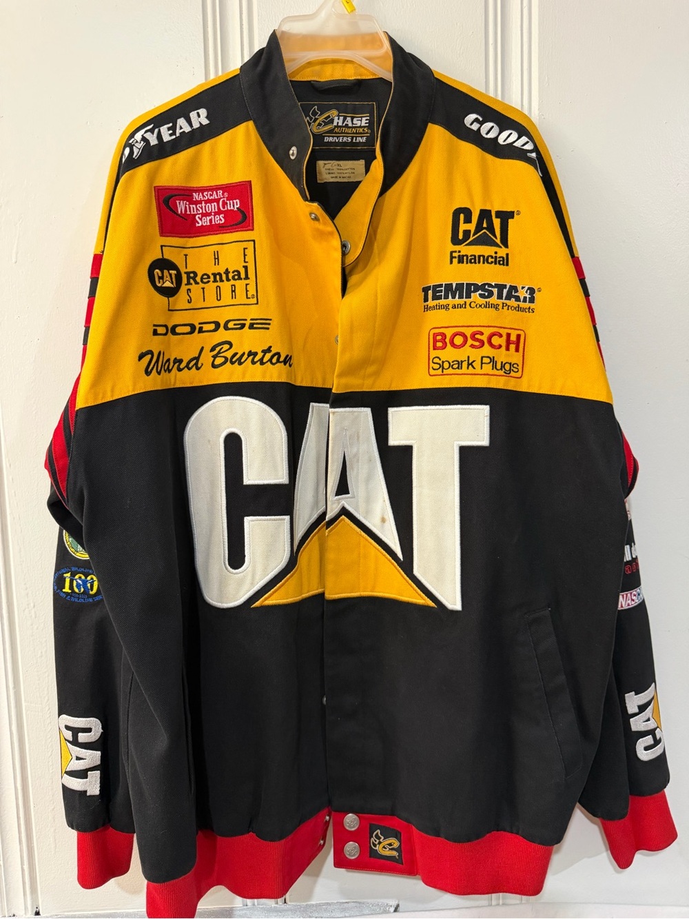 Evisu Black and Yellow CAT Racing Bomber Jacket with Red Accents
